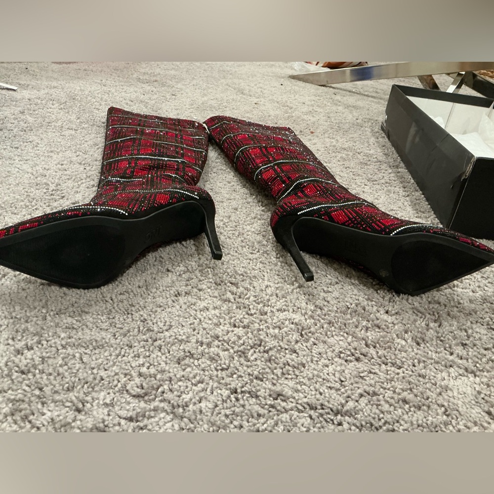 INC International Concepts Red and Black Plaid rhinestone boots OTK Boots - Picture 6 of 9